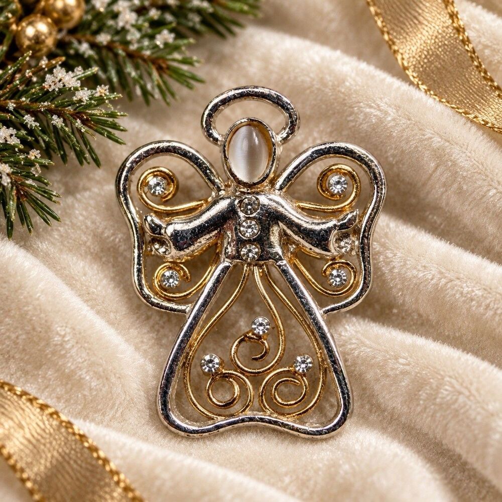 Vintage Angel Brooch Two Tone Gold Silver Tone Rhinestone Cat Eye Christmas Pin